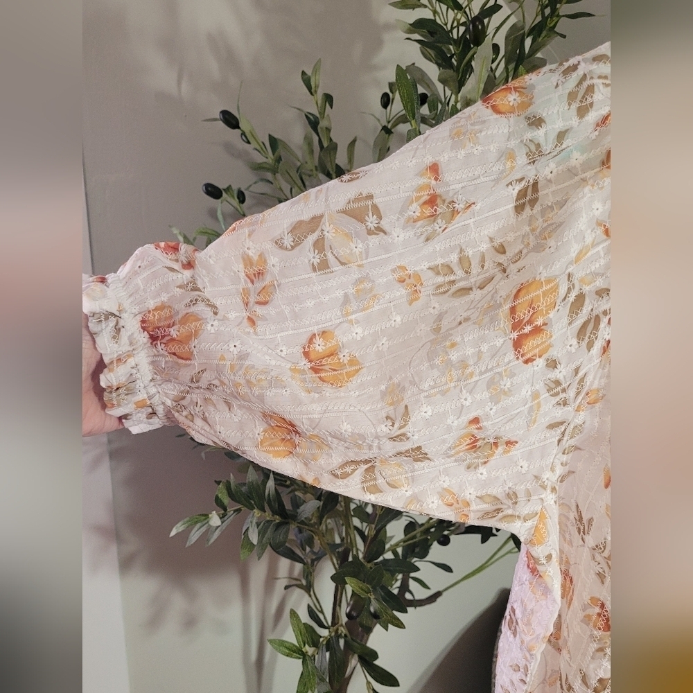 Solitaire Floral Embroidered Boho Peasant Blouse With Balloon Sleeves Medium - Picture 4 of 5